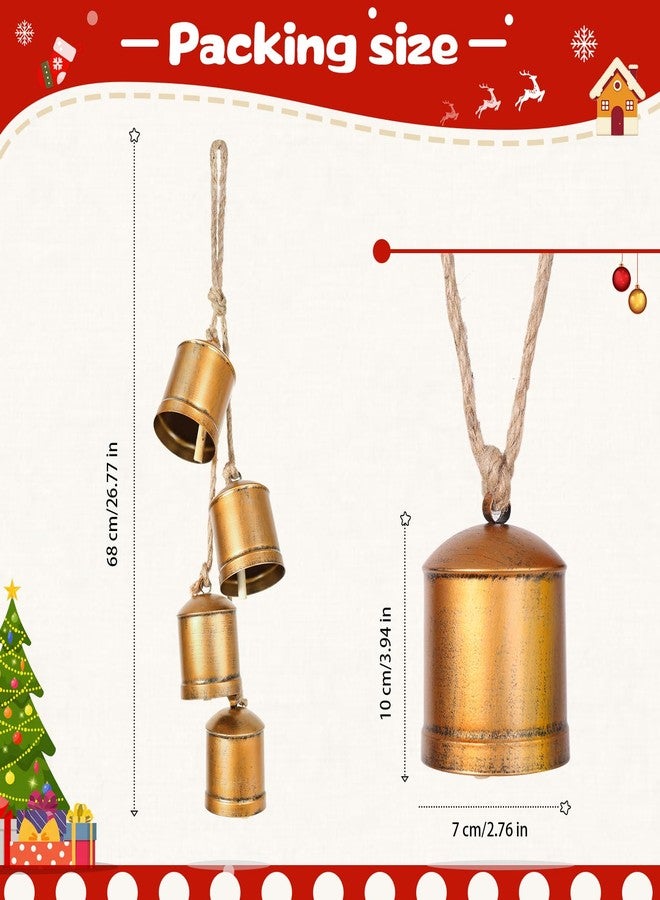 PUFFLD Christmas Bells, Vintage Christmas Cow Bells Decor, Set of 4 Large Rustic Gold Christmas Cowbells with Jute Hanging Rope for Home Door Knob Christmas Tree Garland Xmas Decorations - Image 2